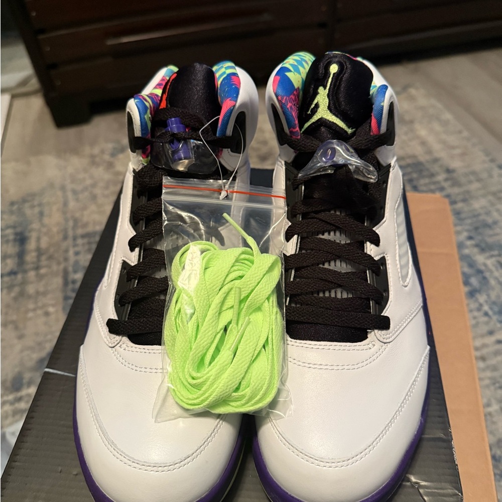 Jordan White and Purple Sneakers with Neon Accents